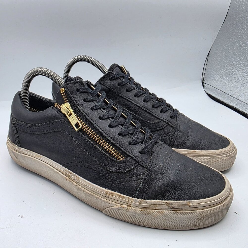 Vans Old Skool Womens Size 8.5 Black Leather Zip Shoes Casual Walking Retro